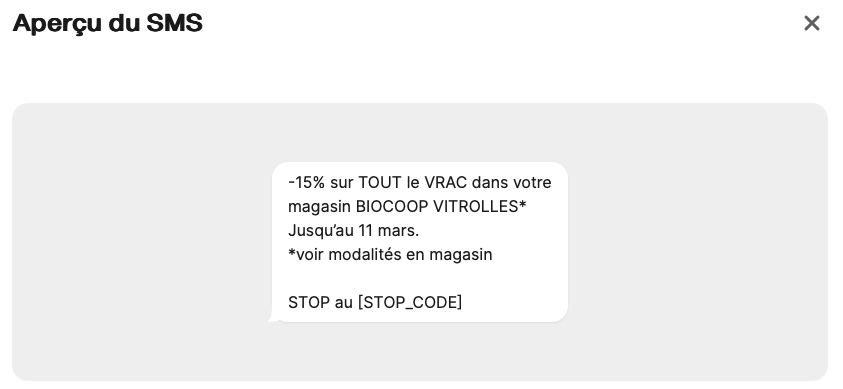 Exemple de SMS marketing impactant avec mention légale STOP CODE