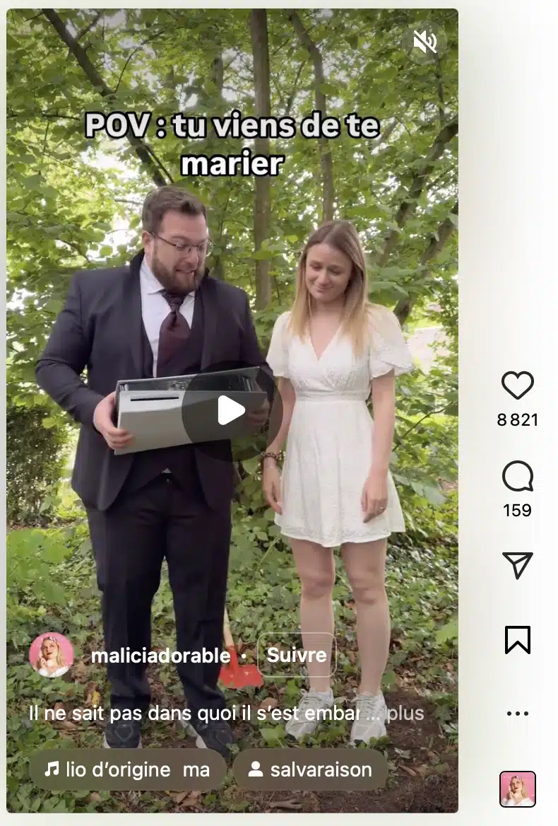 Reels Instagram humoristique montrant un couple après leur mariage avec la légende 'POV : tu viens de te marier'