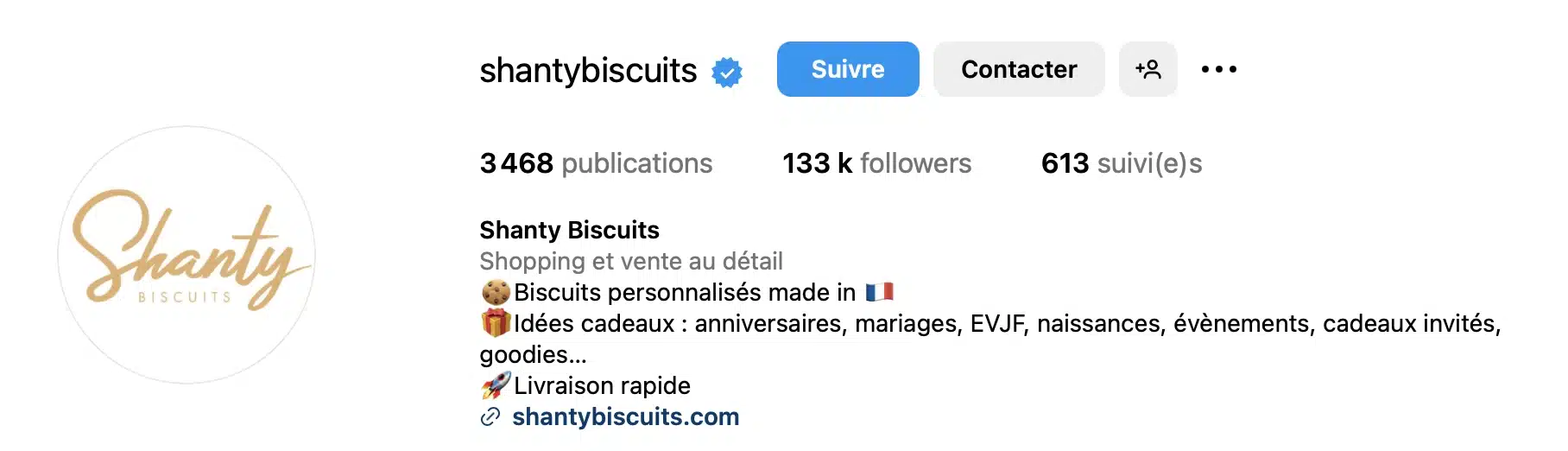 Profil Instagram officiel de Shanty Biscuits avec description et nombre de followers