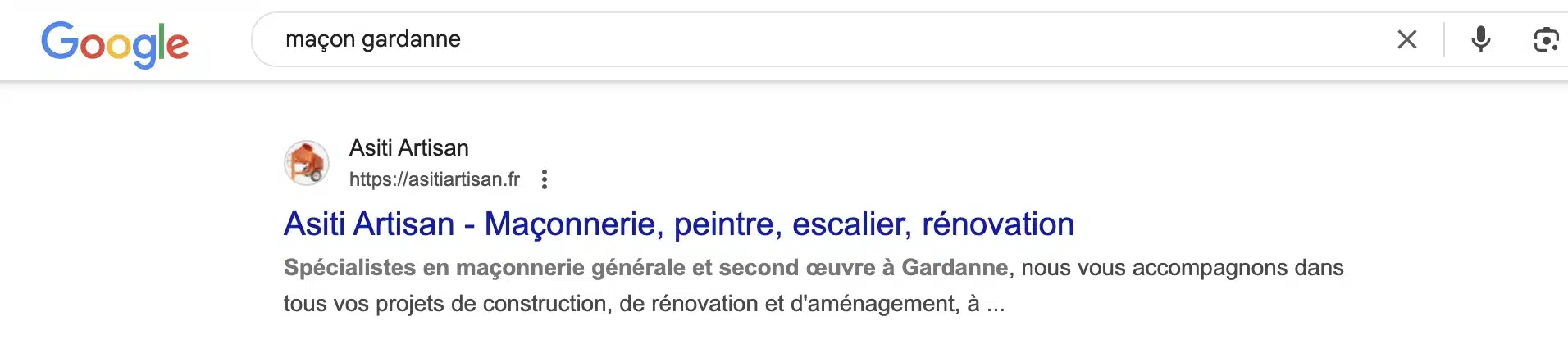 Résultat de recherche Google (SERP) pour ASITI artisan