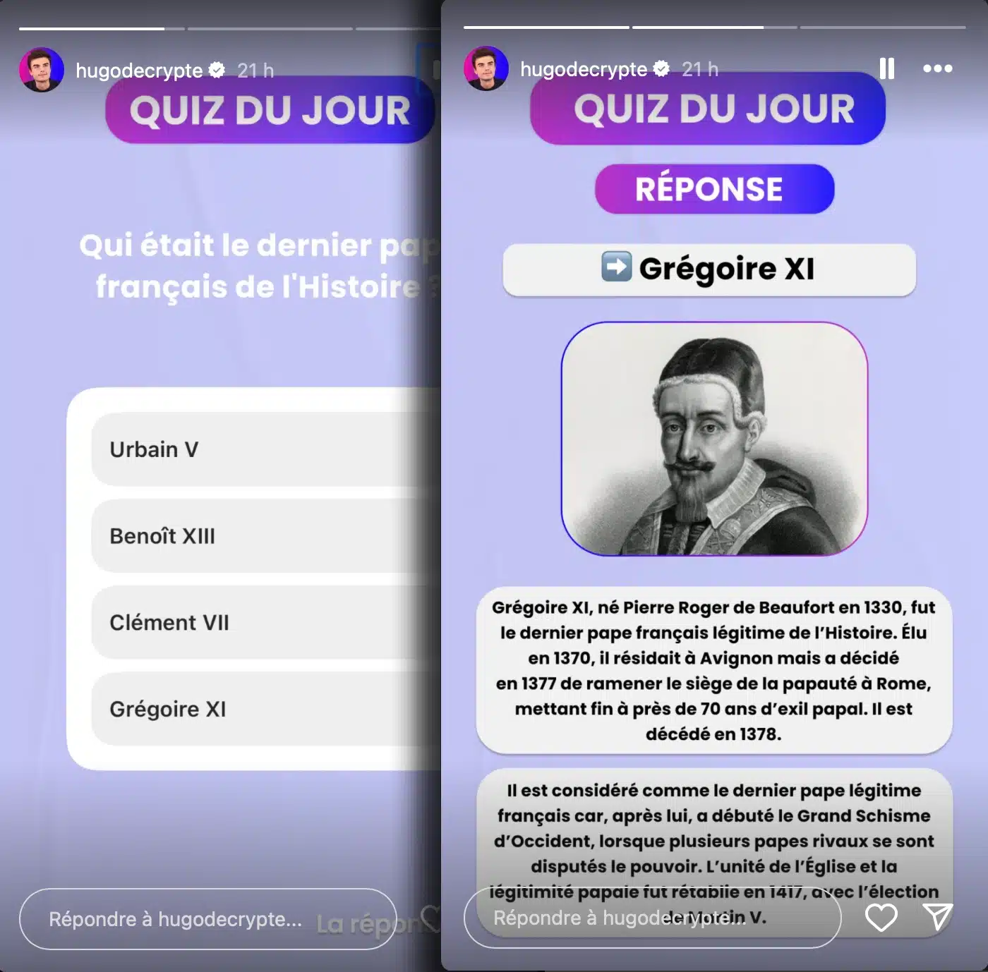 Story Instagram Hugodecrypte - Quiz sur le dernier pape français, réponse Grégoire XI