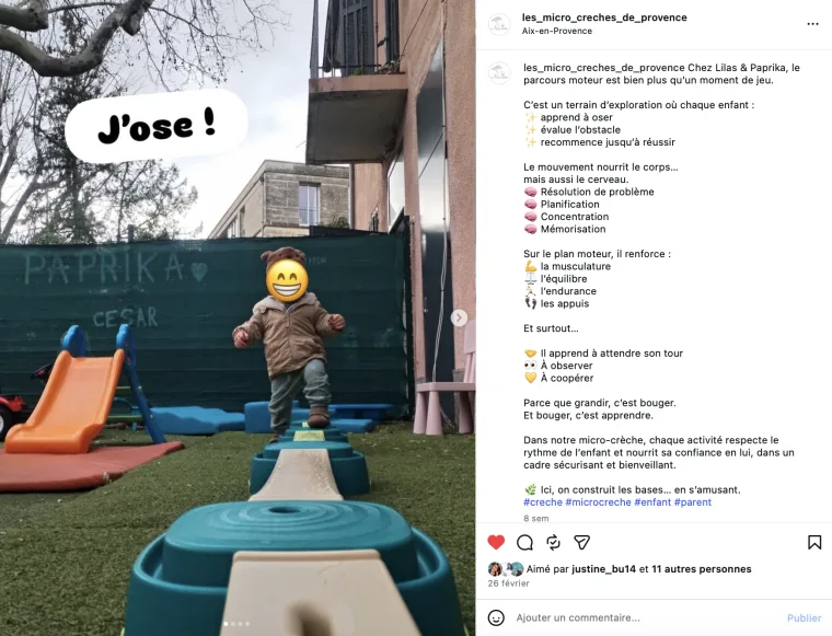 Exemple de moments de vie réelle publiés sur Instagram pour Les Micro-Crèches de Provence