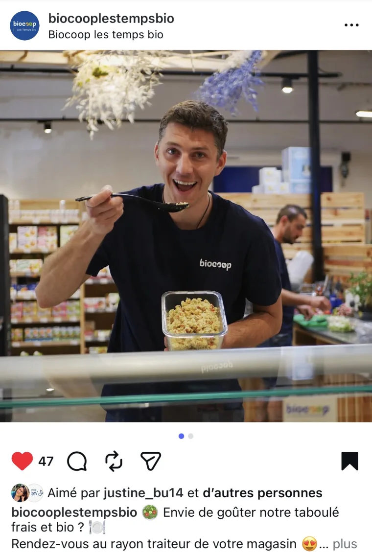 Exemple de post Instagram Biocoop Vitrolles montrant l'équipe et la vie du magasin