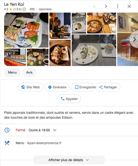 Exemple d’une fiche Google My Business bien optimisée avec des avis clients, des photos et des informations complètes.