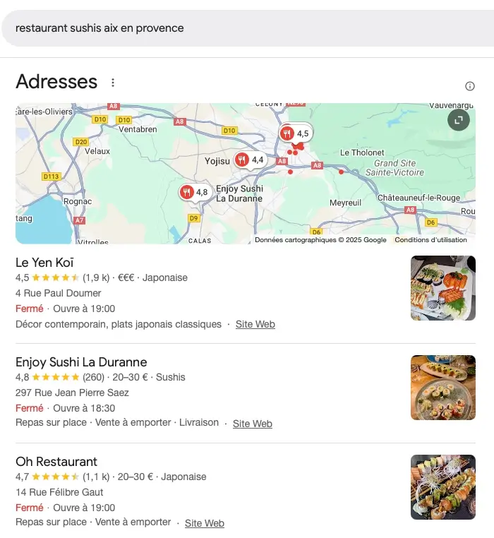 Capture d’écran des entreprises apparaissant en premier sur Google Maps pour une requête locale optimisée.
