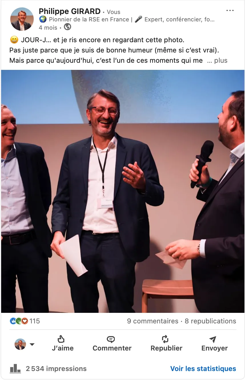 Post LinkedIn montrant la prise de parole de Philippe et le travail de repositionnement de son image