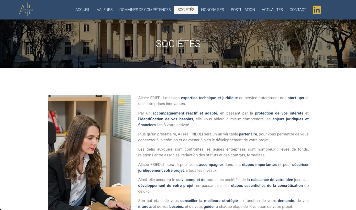 Page sociétés du site Friedli Avocat