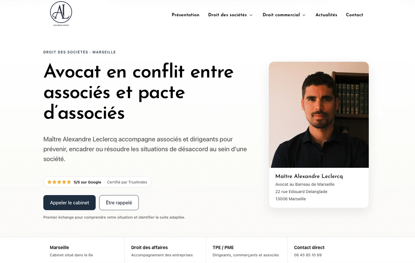 Page du site Leclercq Avocat consacrée aux conflits entre associés