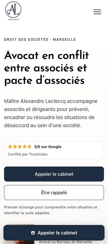 Aperçu mobile de la page Leclercq Avocat consacrée aux conflits entre associés